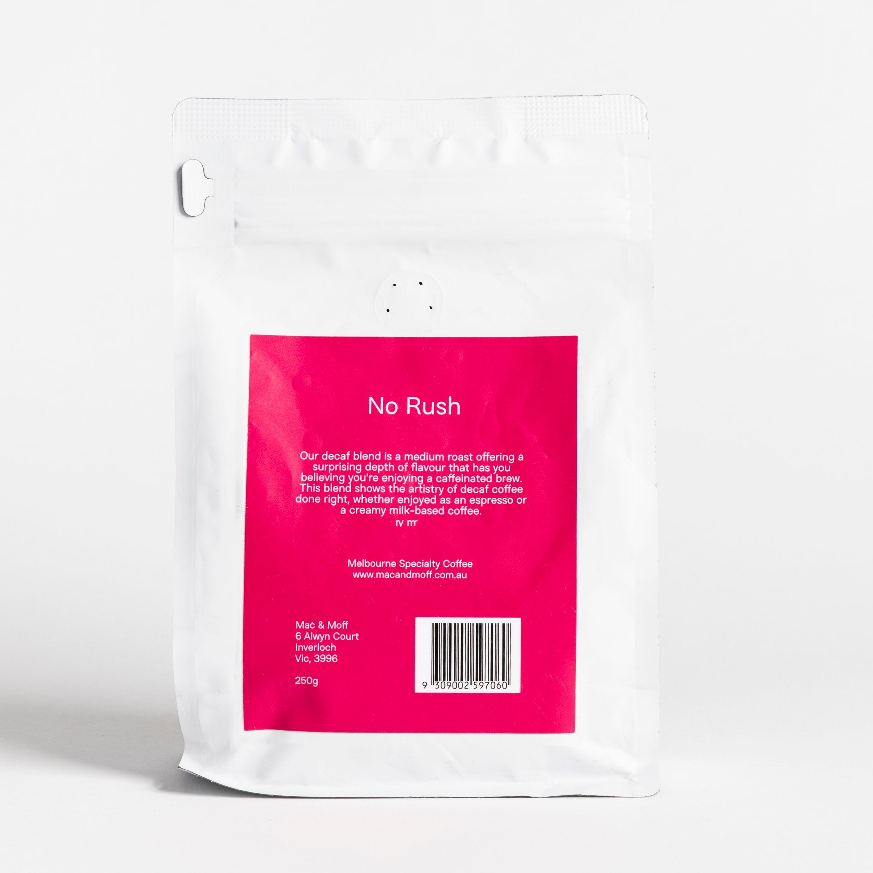 No Rush Decaf 250g bag detail