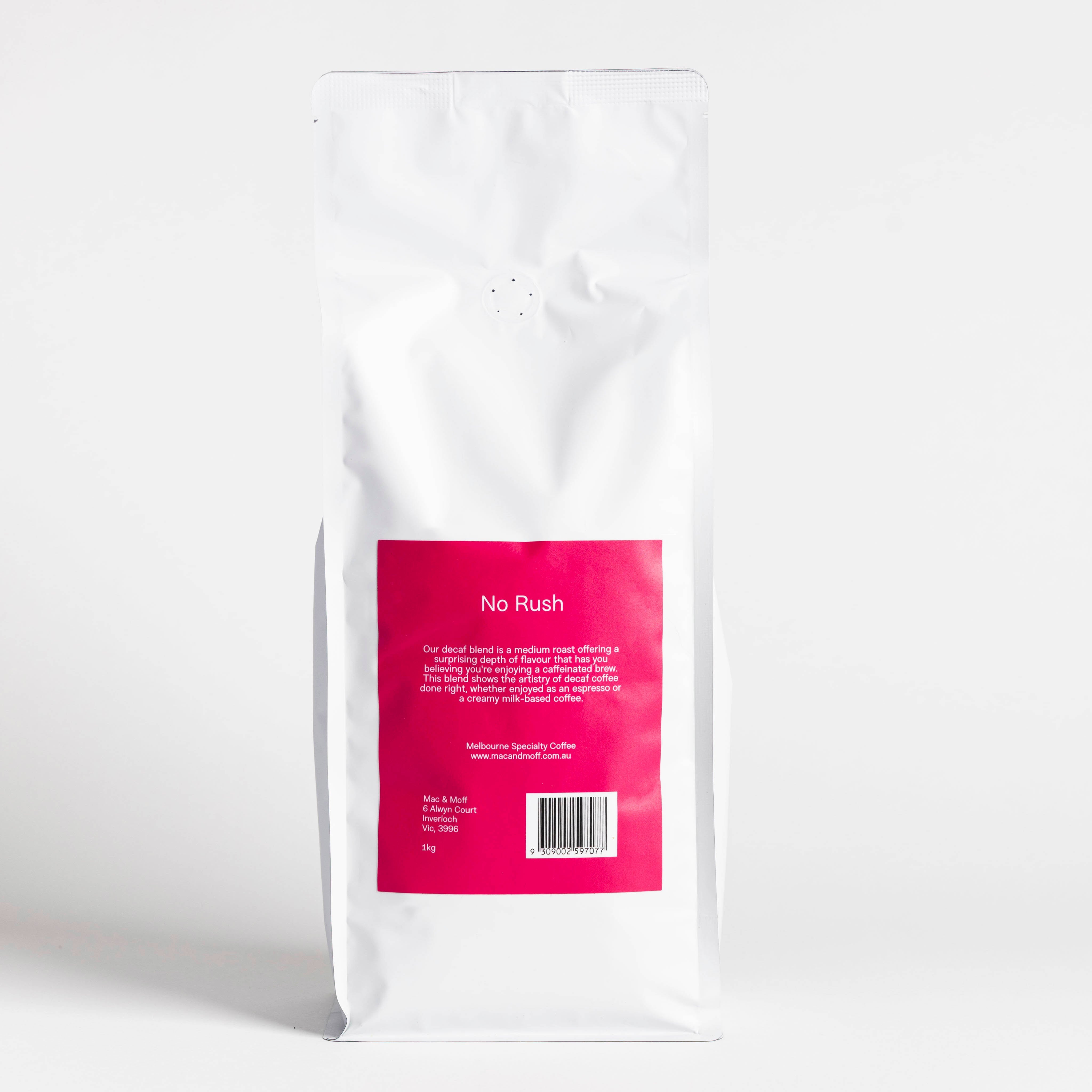 No Rush Decaf 1kg bag detail